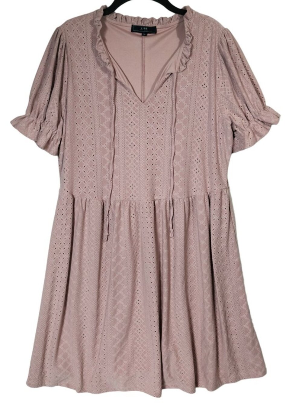 Vibe Sportswear 2X Blush Eyelet Dress Boho Peasant Tie Neck Short Sleeve Plus